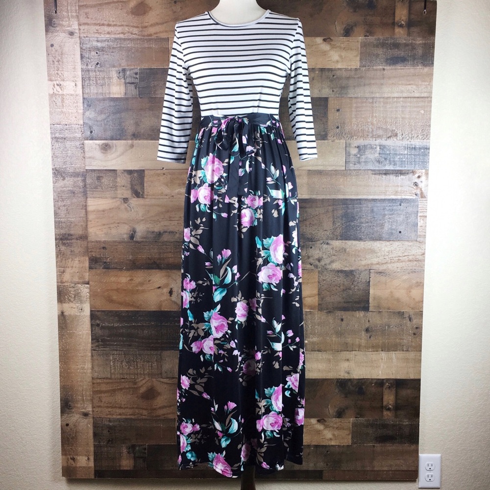 BIUBIU Long Black Floral 3/4 Sleeve Maxi Dress S